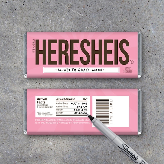 Baby Girl Birth Announcement Candy Bar Wrappers – Printable HERESHEIS pink birth stat wrapper – It's a Girl – Blank & ready for the hospital Il_570xn