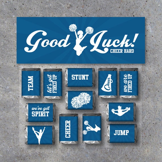Cheerleading Mini Candy Bar Wrappers and Matching Treat Toppers featuring "Good Luck" or "Great Job"! Printable Instant Download in Blue Il_570xn