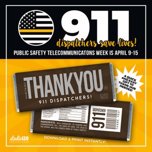 911 DISPATCHER APPRECIATION Gift Printable thank You Candy Bar Wrappers ...