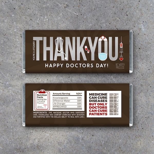 DOCTOR APPRECIATION GIFT – Printable "Thank You" Candy Bar Wrappers Instant Download – Happy Doctors Day Gift – Physician Thank You Gift