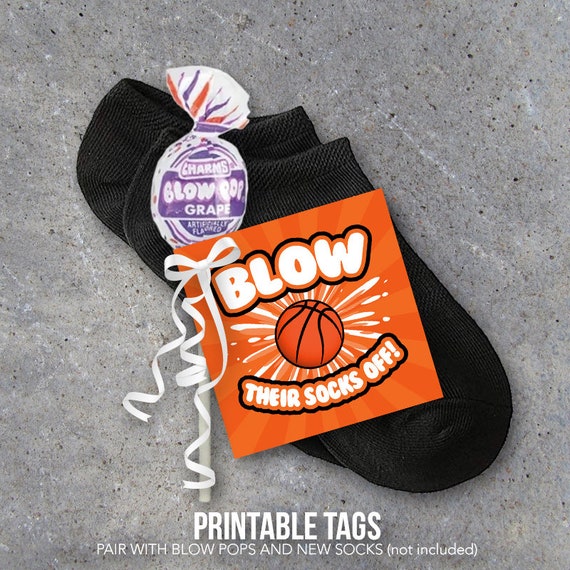 Basketball Good Luck Gift – Orange "Blow Their Socks Off" Printable Tags to pair with Blow Pops, Gum or Socks – DIY Game Day Locker Treats Il_570xn
