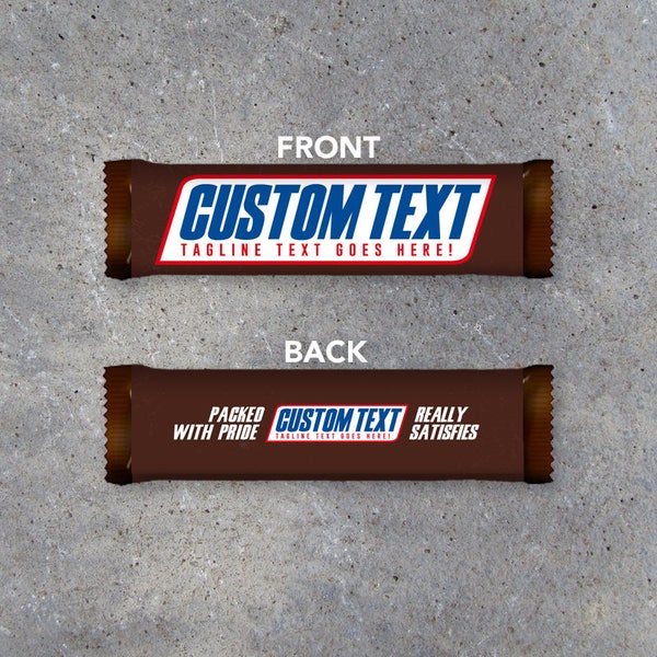 Snickers Custom Text Printable Candy Bar Wrapper with your custom text! Great party favors for birthdays, holidays, gag gifts, sports +more