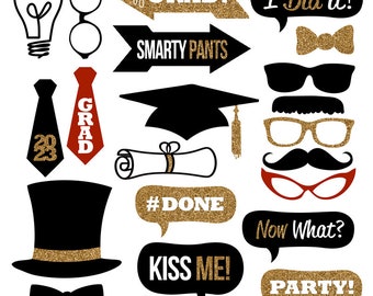 2023 Graduation Photo Booth Props Collection Printables – Instant Download – Black & Gold Glitter Photo Booth Props for Graduation Parties!
