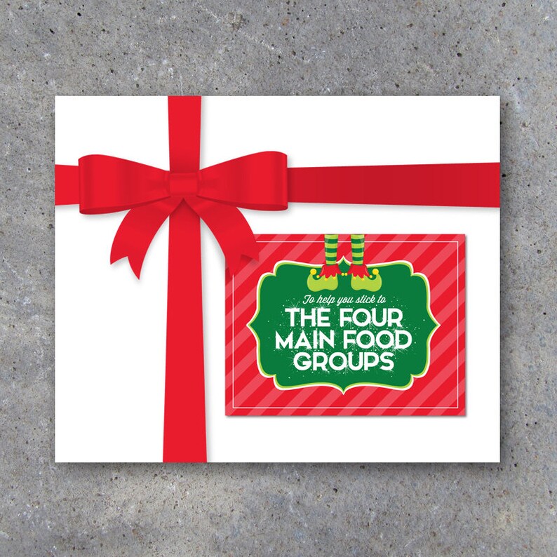 Paper Paper Party Supplies Instant Download Printable Elf Gift Set 4 Main Food Groups Stocking Stuffer Gag Gift Elf Gift Tags With Card White Elephant Gift