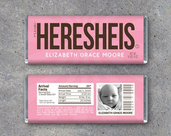Personalized Birth Announcement Candy Bar Wrappers in PINK – Printable HERESHEIS Hershey Bar Wrappers – It's a Girl! Photo Announcement