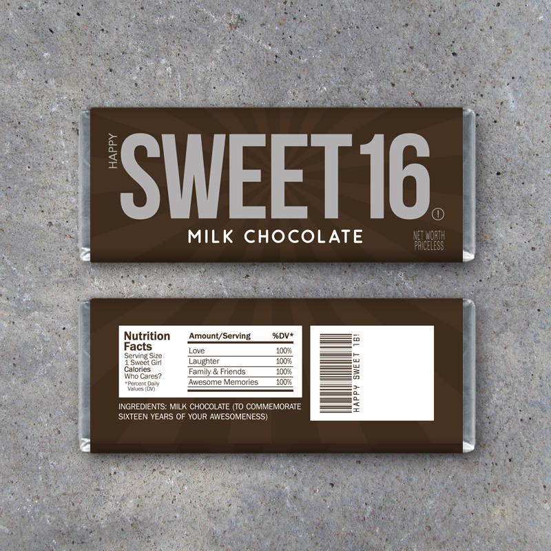 12 CT Printed Wrappers Hershey Bar Wrappers BLUE Sweet Sixteen Birthday Party Favors Sweet 16 Candy Wrappers Foil Sheets