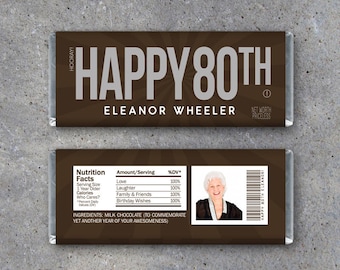 HAPPY 80TH Personalized Candy Bar Wrappers – Printable Birthday Hershey's Wrappers with PHOTO, name & text – Party favors, gift or gift tag