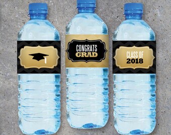Graduation Water Bottle Labels in Gold and Black – Printable Graduation Party Favors, Candle Wraps, Napkin Rings, Gift Wrap Bands and Decor