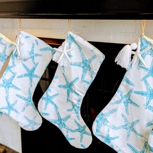 Coastal Christmas Stocking: Turquoise Starfish, Beach Holiday Decor