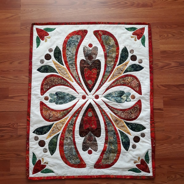 Hearts Afire - Fractal-Inspired Appliqued Quilted Wall Hanging PDF Pattern Using Batik Fabrics