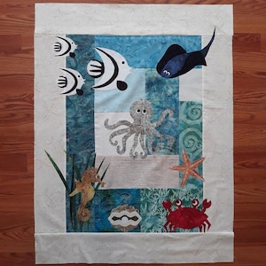 Seaside - Appliqued Ocean and Beach Theme Quilted Wall Hanging PDF Pattern, Raw-Edge Applique, Ocean Beach Wall Hanging Pattern