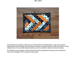 Pode incluir: Um padr&atilde;o de tapete tran&ccedil;ado com tema de Halloween, medindo 15 x 23 cm. O tapete apresenta um design de patchwork com tecidos laranja, preto e branco. O padr&atilde;o inclui instru&ccedil;&otilde;es de corte e &eacute; adequado para v&aacute;rios temas de feriados.
