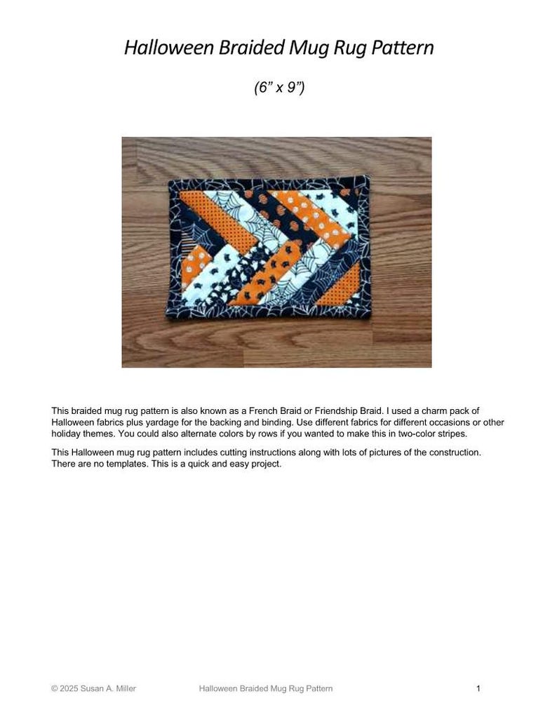 Pode incluir: Um padr&atilde;o de tapete tran&ccedil;ado com tema de Halloween, medindo 15 x 23 cm. O tapete apresenta um design de patchwork com tecidos laranja, preto e branco. O padr&atilde;o inclui instru&ccedil;&otilde;es de corte e &eacute; adequado para v&aacute;rios temas de feriados.