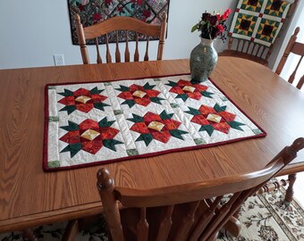Flowers in the Garden - Quilted Table Runner PDF Pattern Made, Pieced Flower Blocks, Flower Table Runner Pattern