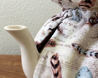 Egg and Feather Tea Cozy - Newsprint Tea Cozy - Spring - Birds Egg - English Cottage - Mothers Day - Easter - Tea Party