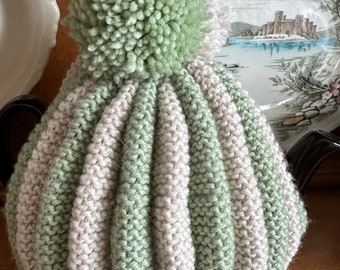 Pistachio green striped hand knitted Tea Cozy - Hand Knit Cozy - Tea Party - English Cottage - Kitsch