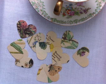 One Inch Floral Paper Hearts - Vintage Bontanical Heart Confetti  - Wedding Decor - Bridal Shower - Tea Party - Valentines Day -