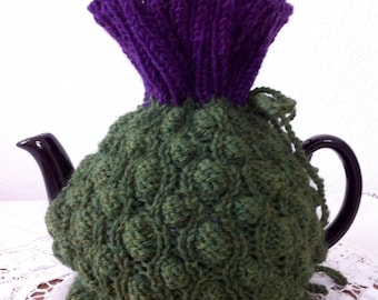 Knitted Scottish Thistle Tea Cozy: Heathered Wool, Fits 6-8 Cup Teapot