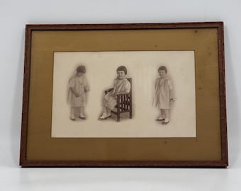 Antique 1920s Child Portrait Photograph Triptych Framed Studio Photo