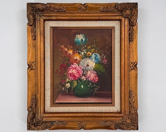Original Oil Painting Floral Still Life Roses Ornate Carved Frame Signed