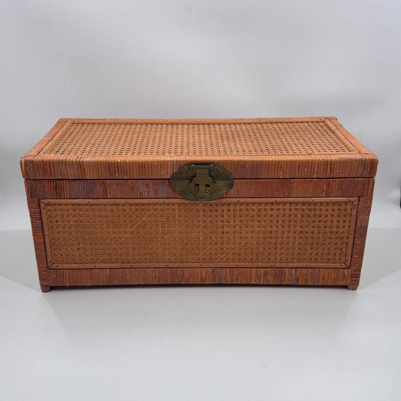 Baúl de almacenamiento chino antiguo de caña y ratán con herrajes de latón de 68,5 cm (27 pulgadas) imagen 16