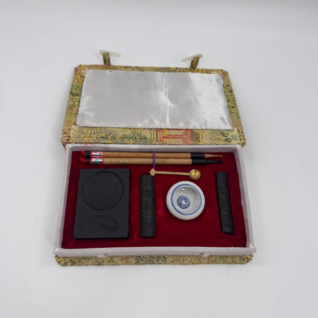Vintage Chinese Calligraphy Set Stone Brushes Ink Sticks Scholar ...