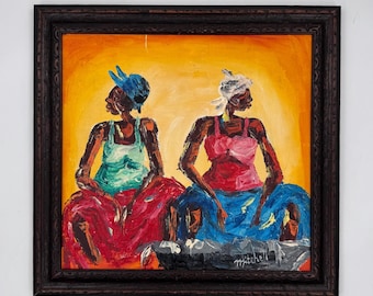 Cuadro figurativo expresionista moderno vintage de dos mujeres en marco tallado.