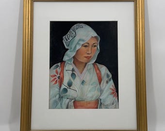 Vintage Original Pastel Portrait Painting of Japanese Woman in Kimono