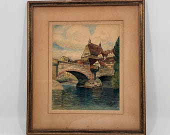 Vintage German Watercolor Bietigheim Neckar River Bridge Framed 18x16