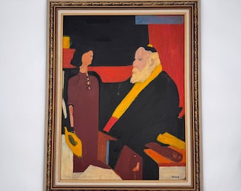 Cuadro al óleo figurativo modernista vintage firmado y enmarcado, retrato expresionista.