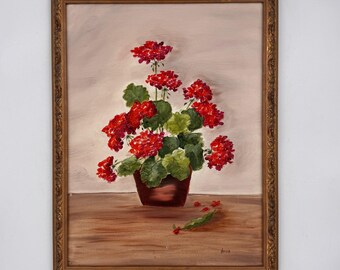 Vintage Floral Still Life Oil Painting Red Geraniums in Ornate Gilt Frame