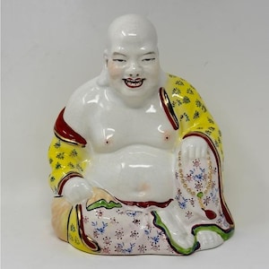 Vintage Chinese Famille Rose Porcelain Happy Buddha Statue 8”