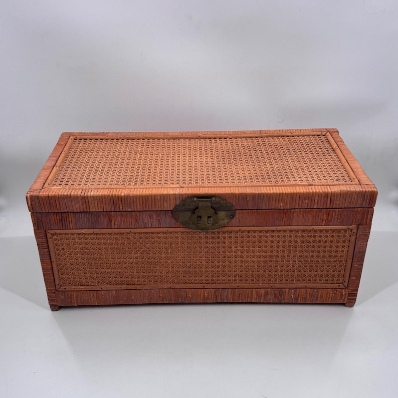 Baúl de almacenamiento chino antiguo de caña y ratán con herrajes de latón de 68,5 cm (27 pulgadas) imagen 6