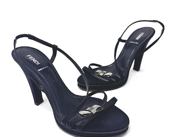 Fendi Black Satin Crystal Bow Slingback Heels – Size 38 (US 8)
