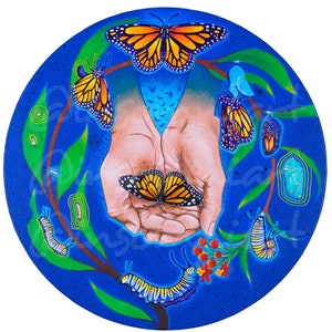 May include: A circular painting on a blue background depicts the life cycle of a butterfly.  The painting shows a butterfly in the center of the painting, surrounded by caterpillars, chrysalises, and other butterflies.  The painting is surrounded by a green vine with leaves.