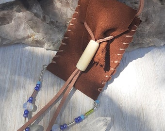 Handmade Leather Crystal Pouch Necklace: Boho Medicine Bag Amulet