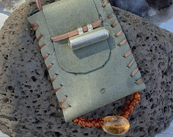 Handmade Leather Crystal Amulet Pouch Necklace: Boho Medicine Bag