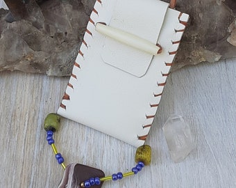 Handmade Leather Crystal Pouch Necklace: Boho Medicine Bag Amulet