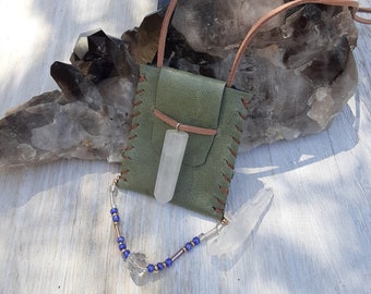 Handmade Leather Crystal Pouch Necklace: Boho Medicine Bag Amulet