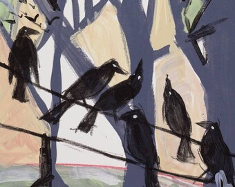 Large Crow Raven Painting: Abstract Minimalist Bird Art (24" x 18")