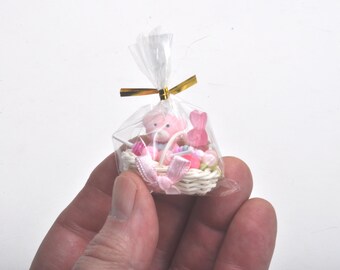 Handmade Miniature Pink Easter Basket, 1:12 Scale Dollhouse Food Elizabeth Mukerji #46
