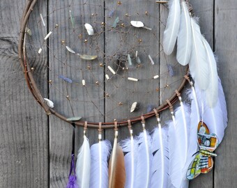 Large Willow Dream Catcher: Turquoise, Bone Hair-pipe beads, Feathers - 30" Boho Wall Hanging #0027