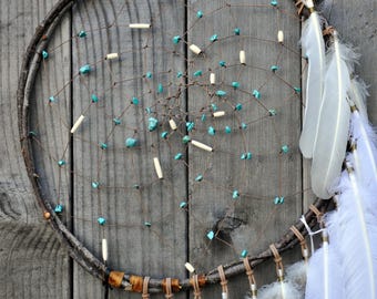 Large Willow Dream Catcher: Turquoise, Bone Hair-pipe beads, Feathers - 29" Boho Wall Hanging #0025