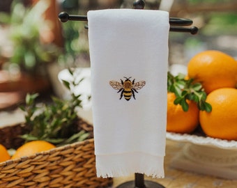 Bumble Bee Fingertip Towel Plush Fringed Bee  Embroidered  Hostess Gift Housewarming  Shower Ready to Ship Gift Classic Home Decor