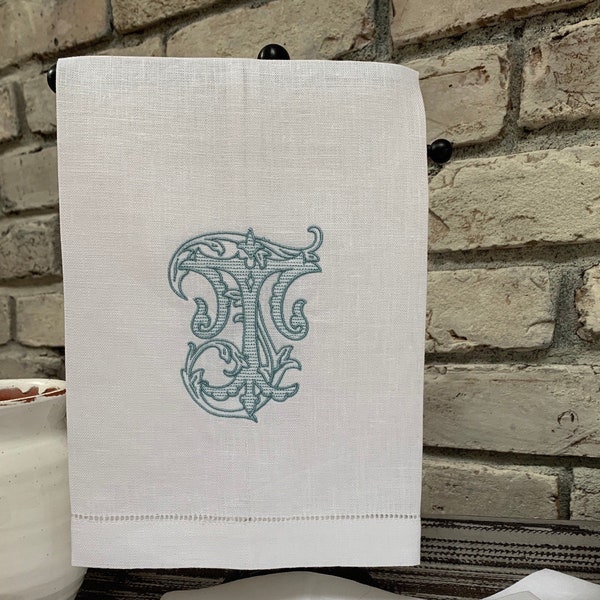 Monogram Hand Towel. Linen Custom Personalized Hostess Gift. Vintage Vine Font. Fine European Linen. Housewarming Gift