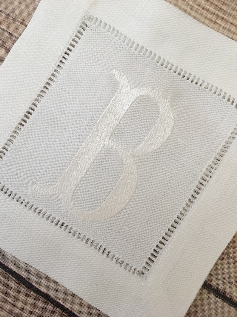 Embroidered Custom Monogrammed White Linen Cocktail Napkins, Bar Cart Style