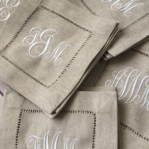 Custom Monogram Embroidered Napkins, Natural Linen Hemstitched Cocktail Beverage Napkins,