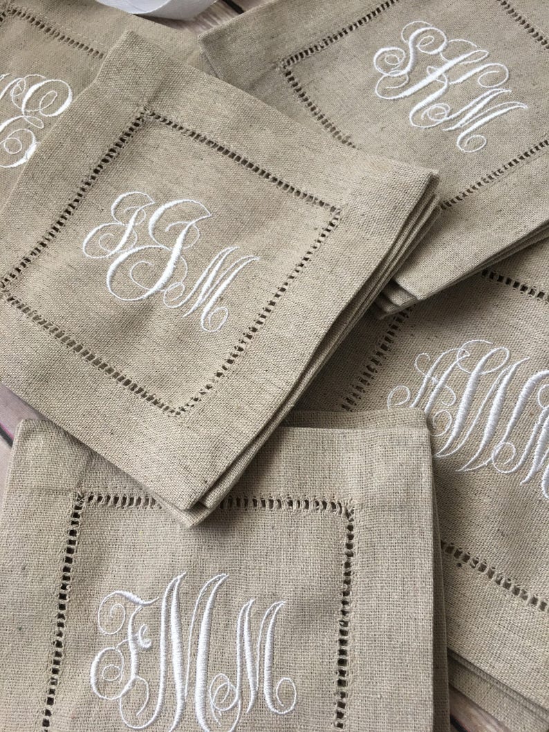 Monogram Embroidered Natural Linen Hemstitched Cocktail Napkins
