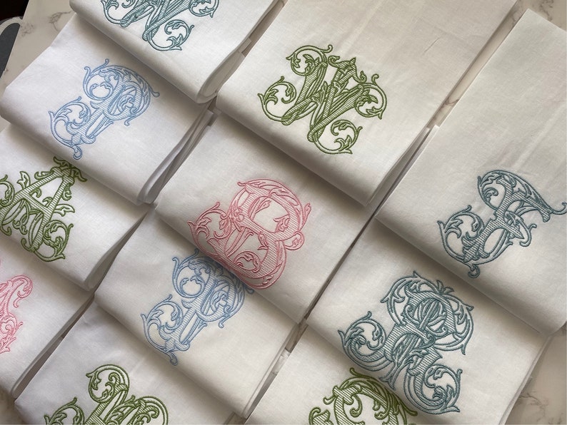Monogram Linen Hand Towel. Custom Personalized Hostess Gift. Wedding Linens. European Linen. Vintage Vine Single Letter. Grandmillennial image 2