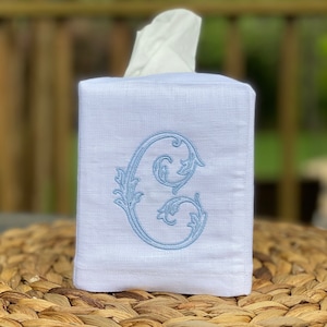 Monogrammed Linen Tissue Box Cover. Personalized Gift. Vine Monogram Gift. Hostess Gift.